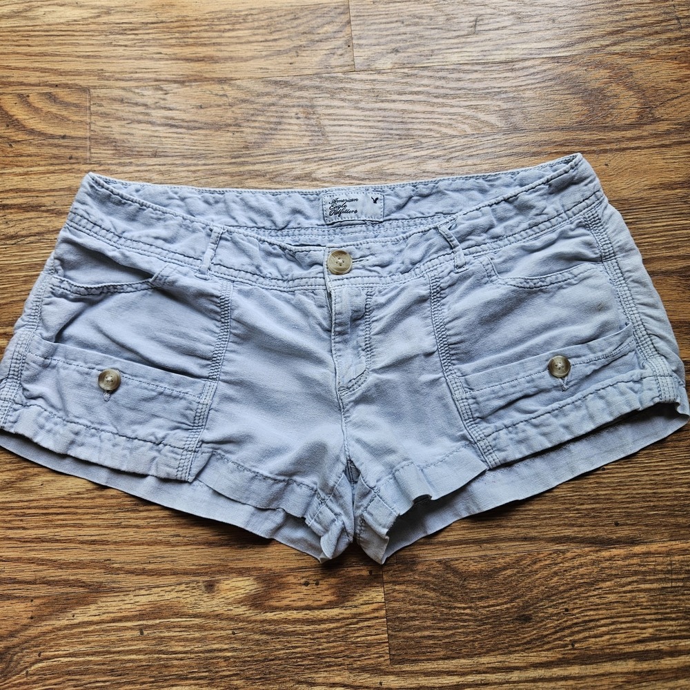 Vtg Y2K American Eagle Linen Cotton Shorts 4 Blue Grey Low Rise Shorty Cargo Min